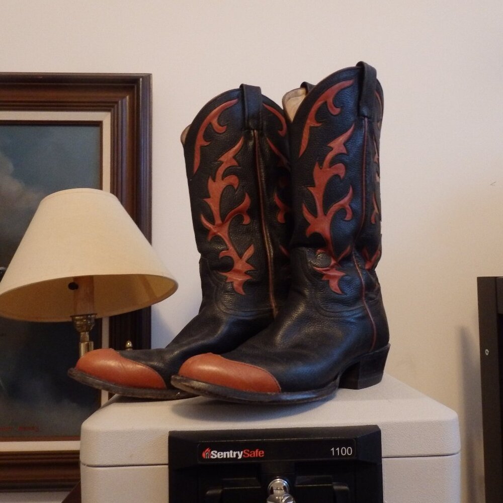 TONY LAMA All Leather black and orange Cowboy Western Boots EUC 8 1/2 D 8.5 D